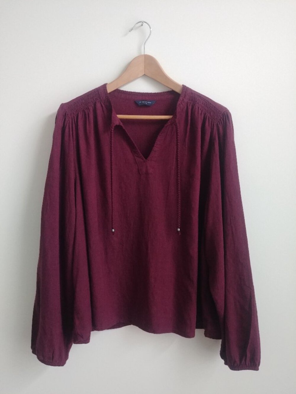 Denver Hayes Large linen blend peasant top blouse deep maroon purple